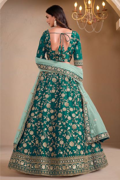 Back view of green embroidered lehenga choli set
