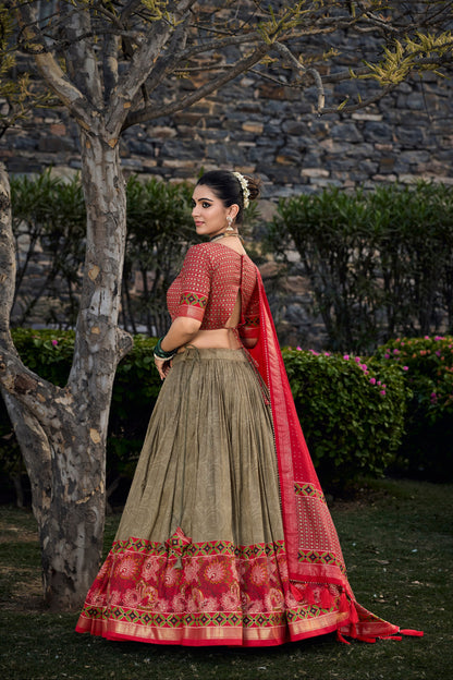 Back view of green lehenga choli with printed design