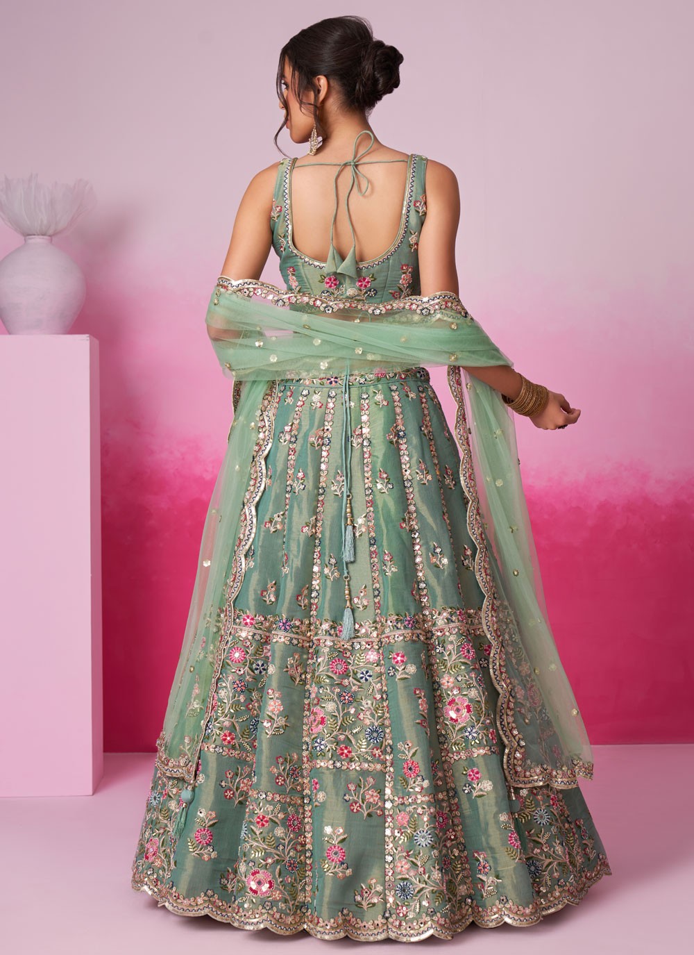 light green lehenga choli print detail view