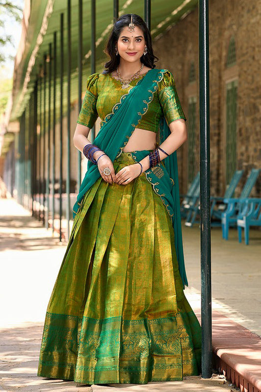 Green lehenga with zari weaving front full view
