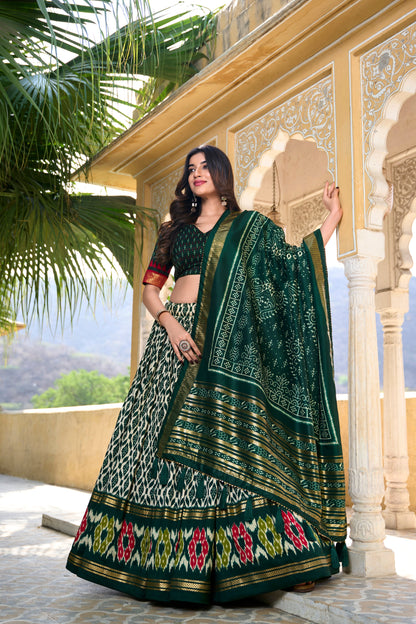 green lehenga choli full front view with patola print
