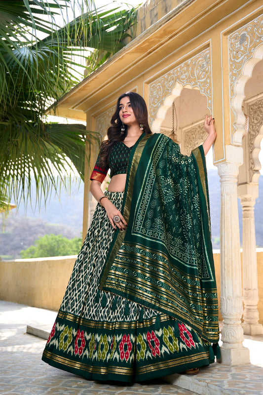 green lehenga choli full front view with patola print
