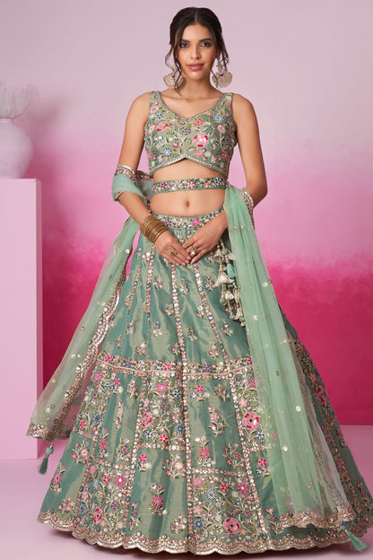 green lehenga choli full front view with foil print
