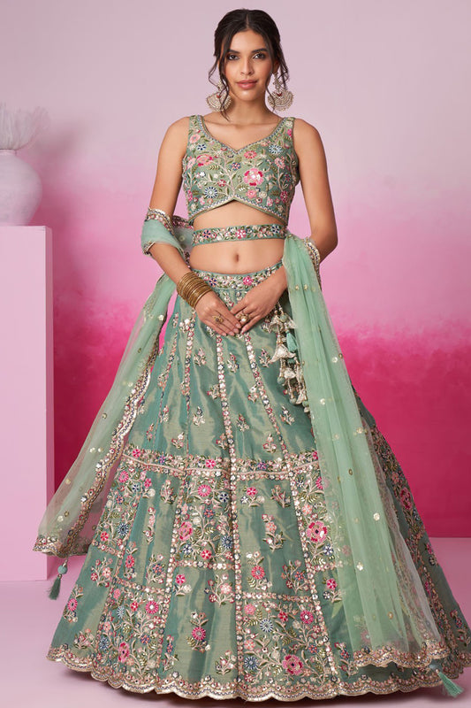green lehenga choli full front view with foil print