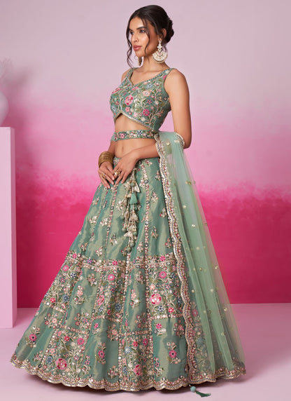 net green lehenga skirt detail with printed pattern