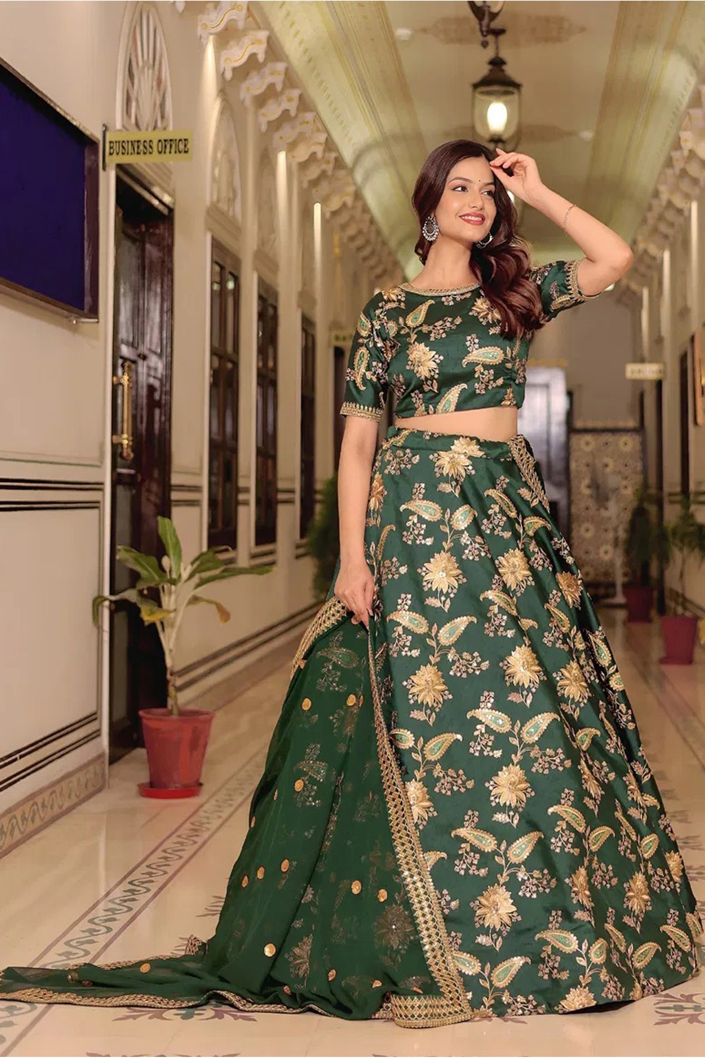 Dark Green lehenga choli with thread and sequins embroidery