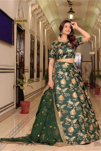 Dark Green lehenga choli with thread and sequins embroidery