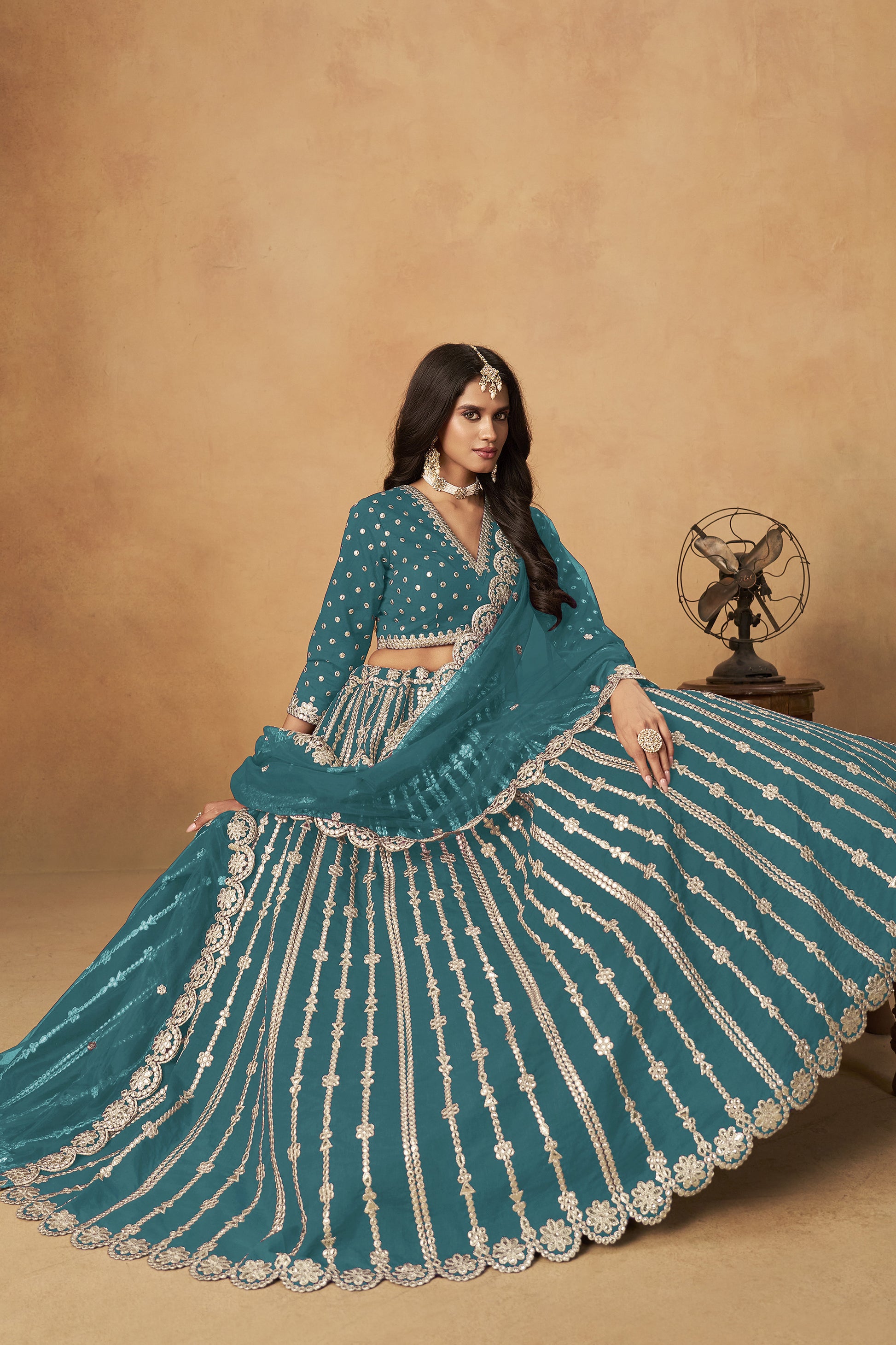 heavy embroidery green lehenga waist design