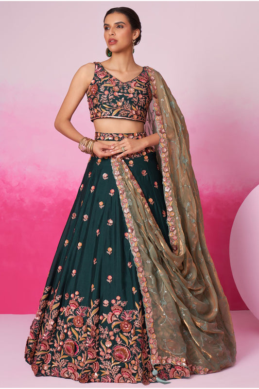 Green lehenga full front view with organza flare