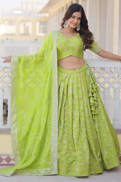 green lehenga full front view with embroidery
