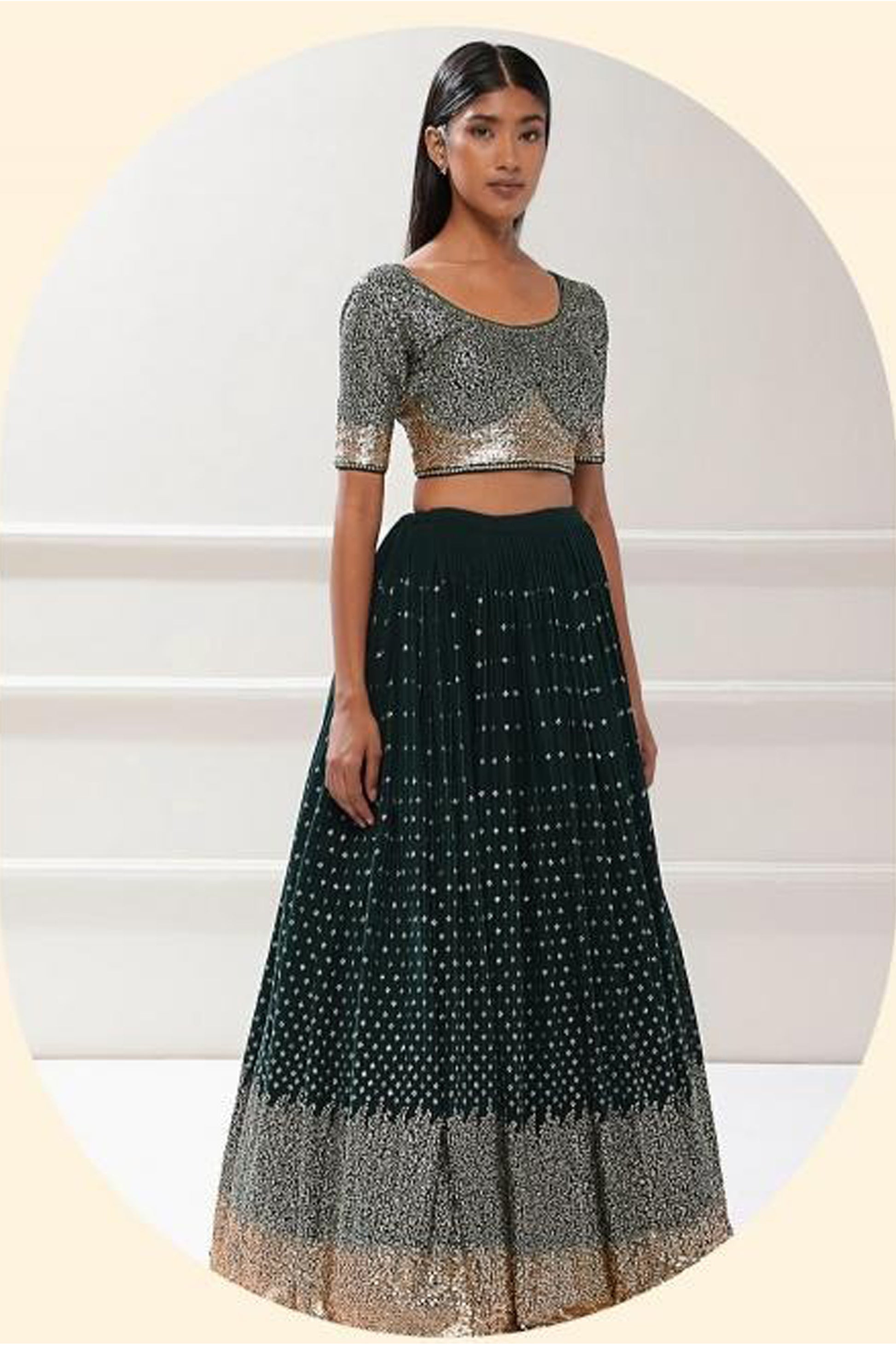 green lehenga Sangeet styling with flowing silhouette movement