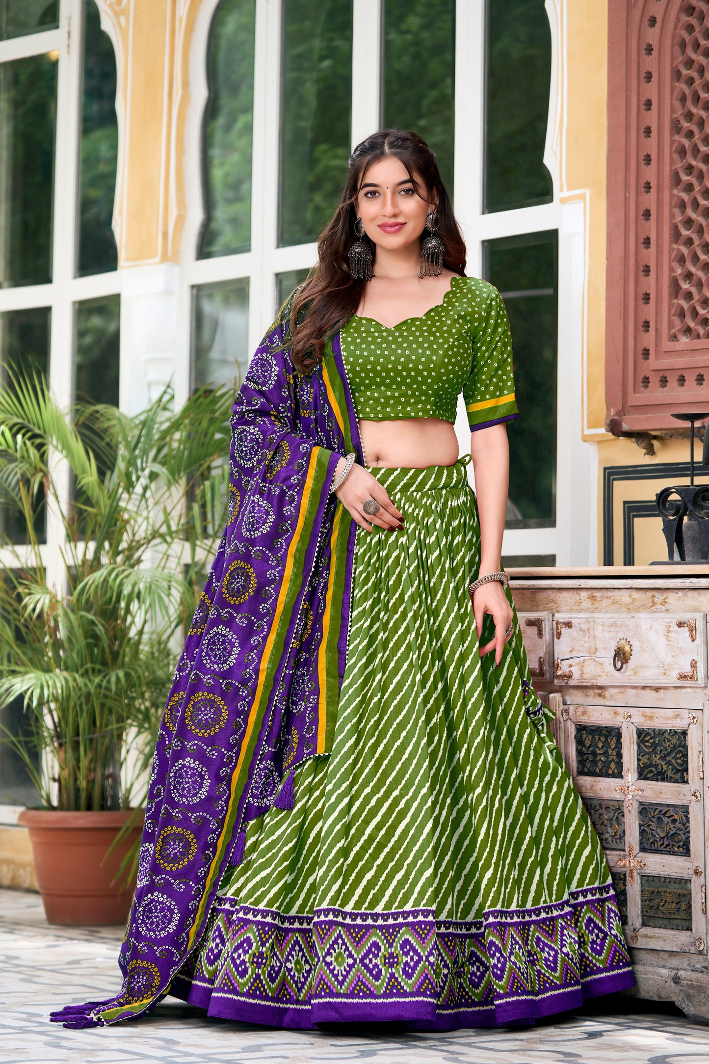 Green lehenga wedding dress full front view in tussar silk