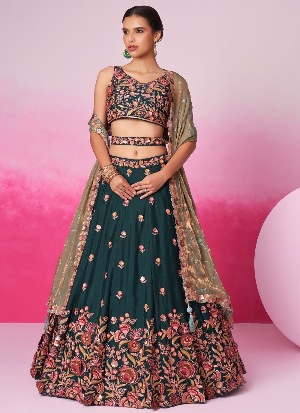 Back view of organza lehenga choli with embroidery