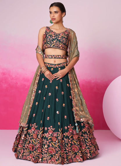 Back view of organza lehenga choli with embroidery