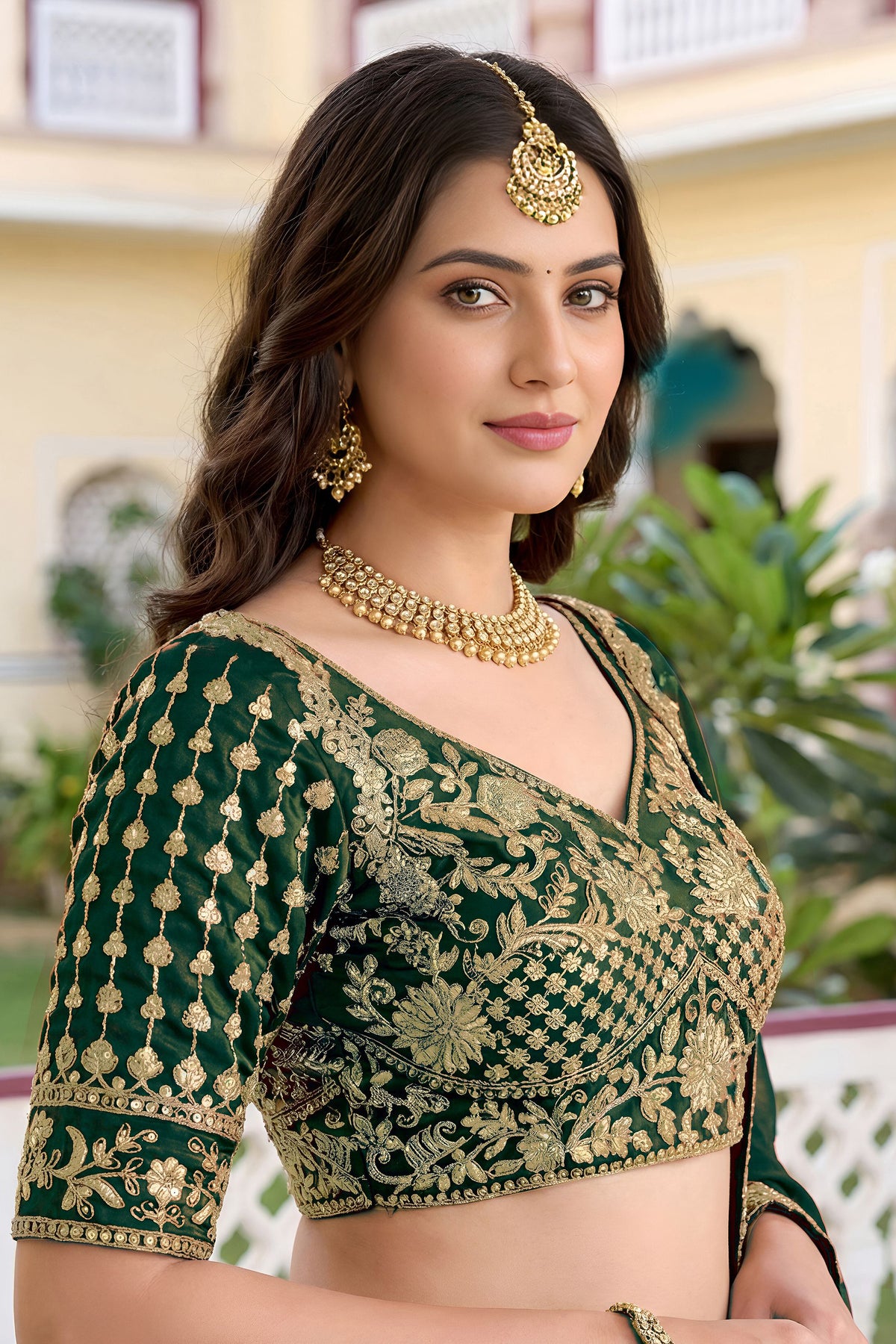 Green lehengha choli with zari dori and sequence embroidery