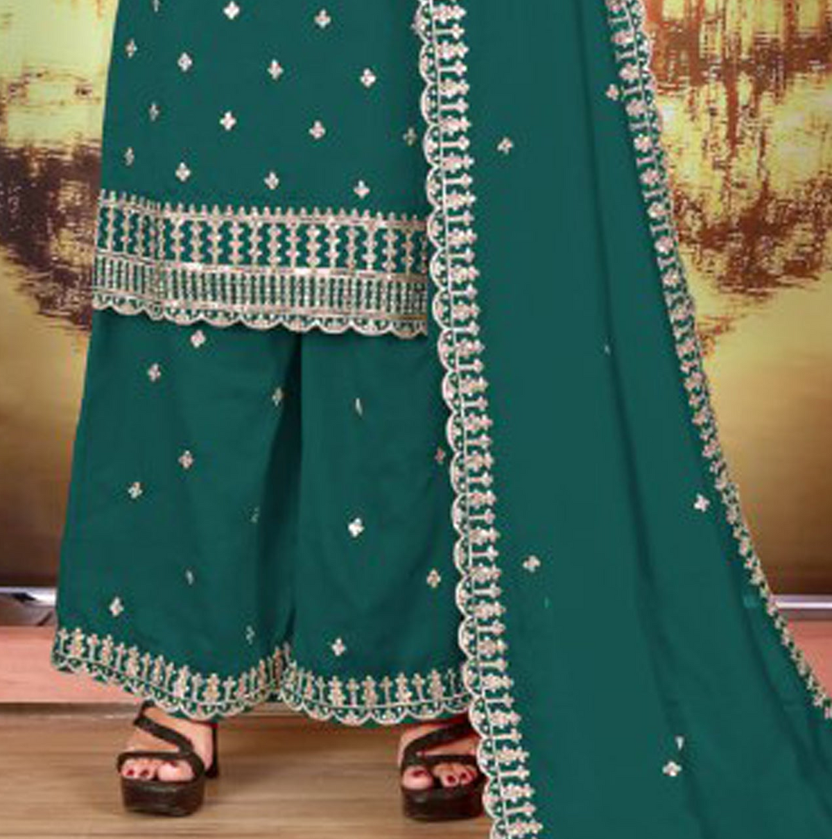 Green palazzo bottom with matching Fancy Blooming Vichitra dupatta