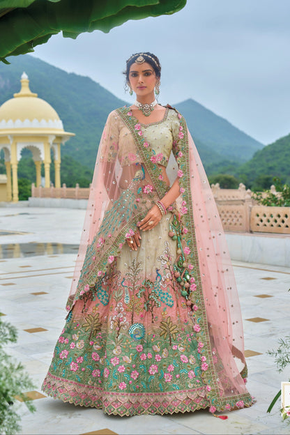 green pink off-white lehenga front view with embroidery