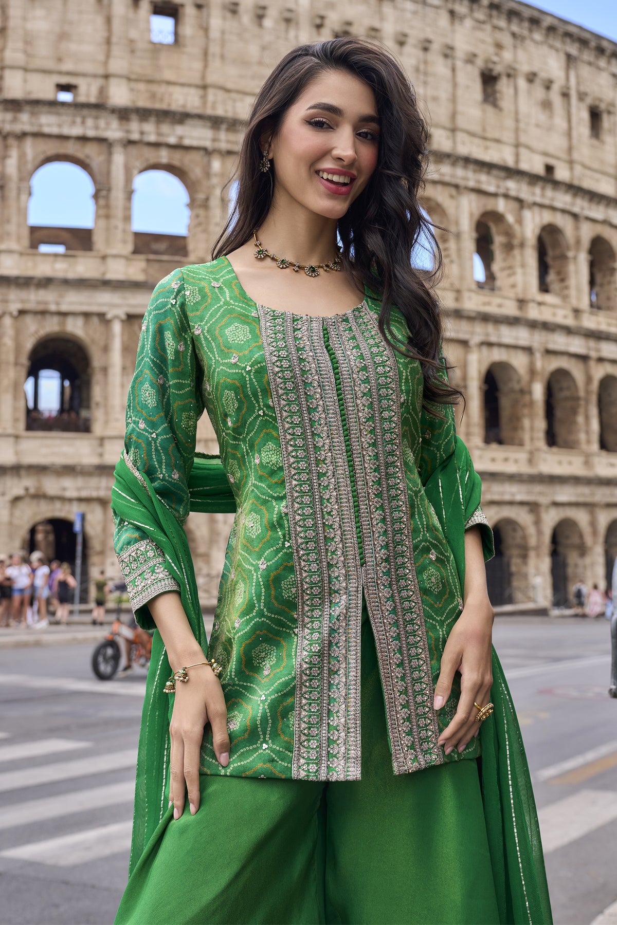 Green plazzo dress full front view with matching dupatta