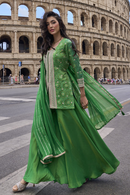 Green embroidered plazzo outfit side view