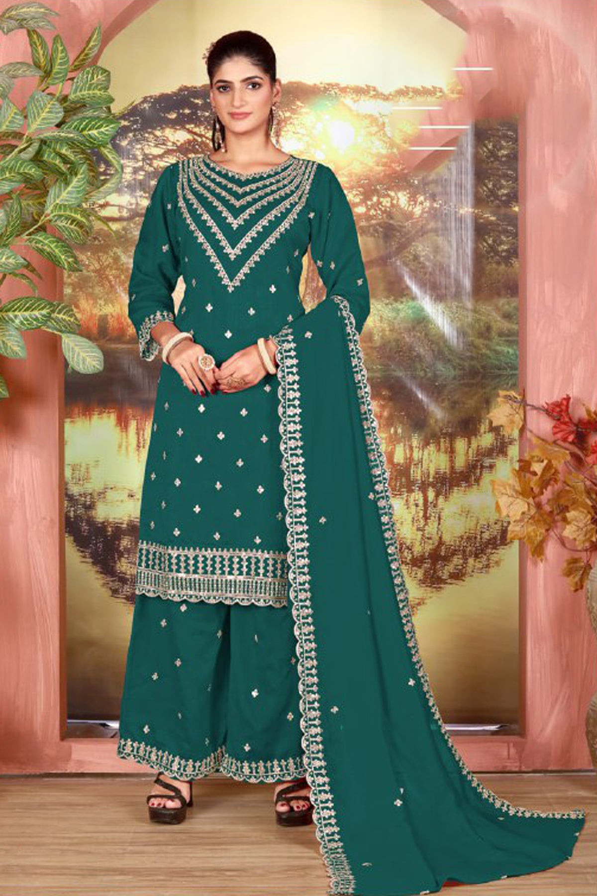 Green salwar kameez palazzo set front view with embroidered top and dupatta