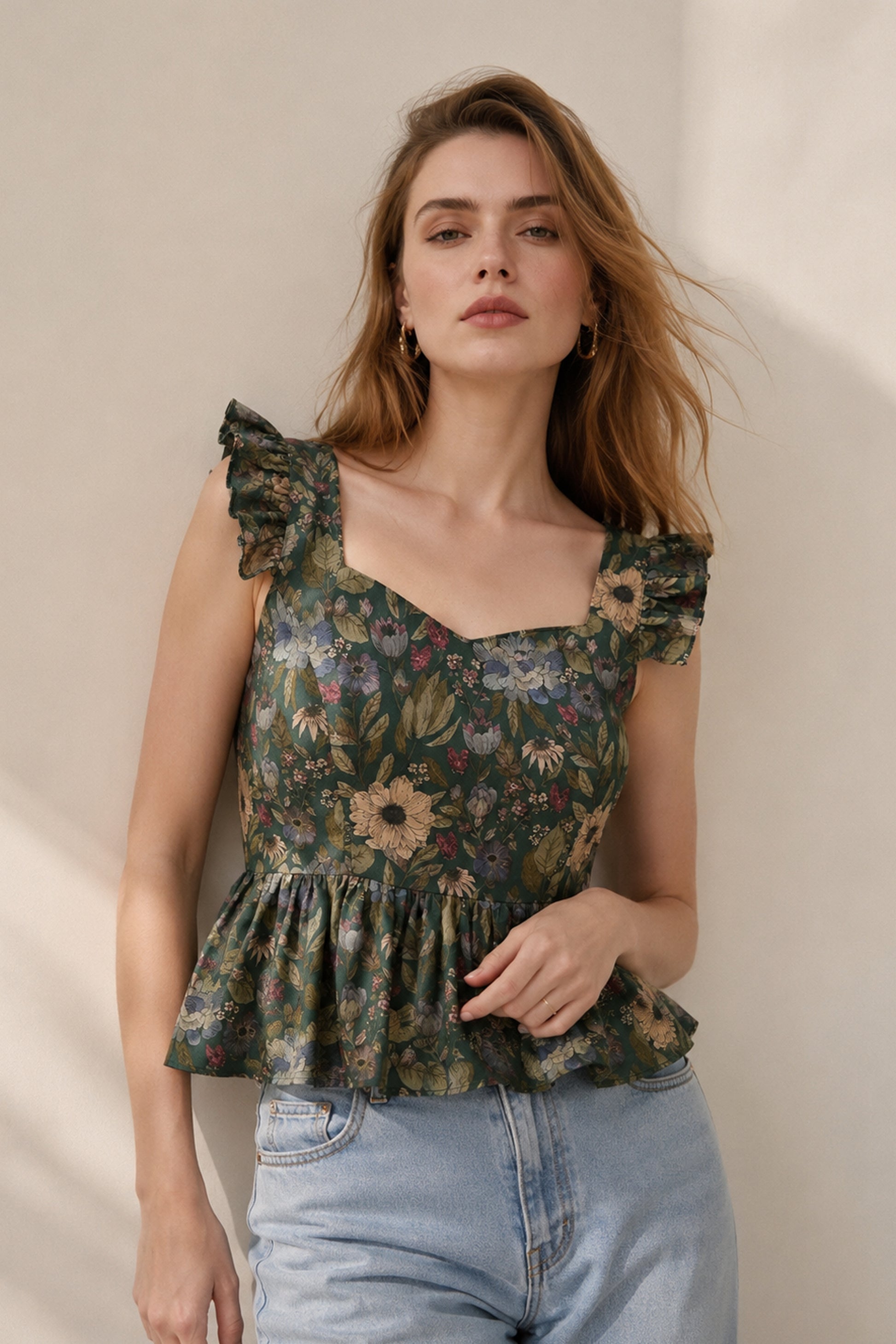 Floral Peplum Top Green relaxed fashion editorial front pose