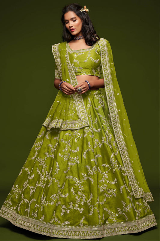 green reception lehenga full front view with embroidered skirt
