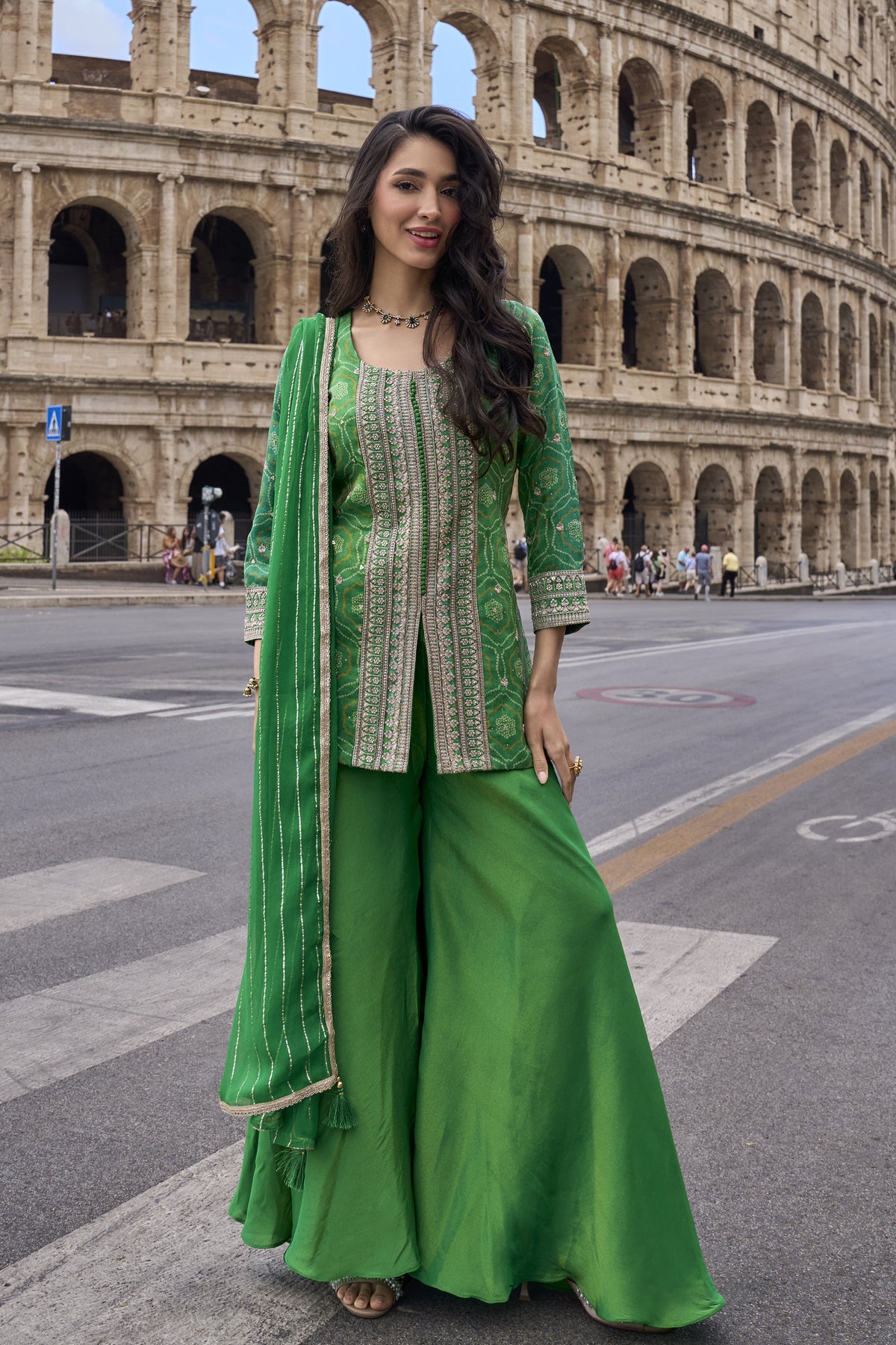 Green Salwar kameez Plazzo Dupatta dress front view with embroidery