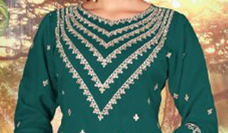 Green embroidered salwar suit full front view for festive wear