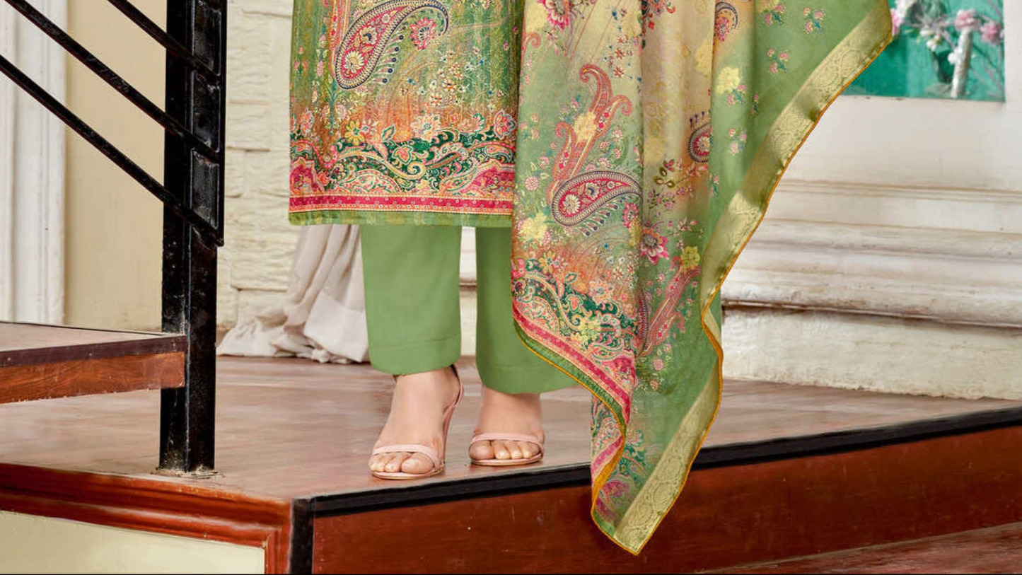 Viscose self jacquard salwar kameez in green UK