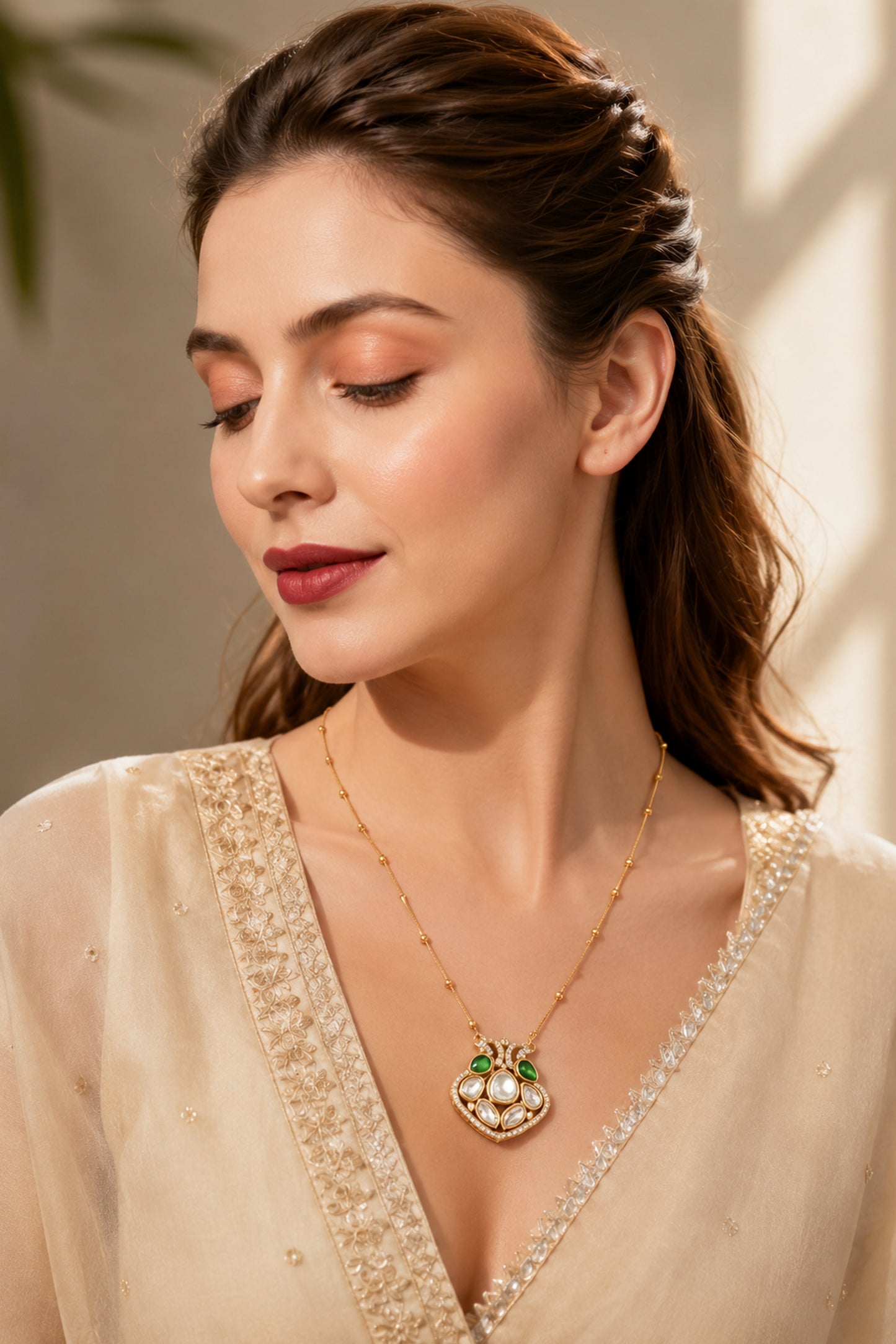 Model wearing a green and white stone pendant necklace