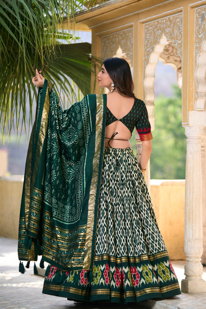  green colour lehenga with traditional pattern
