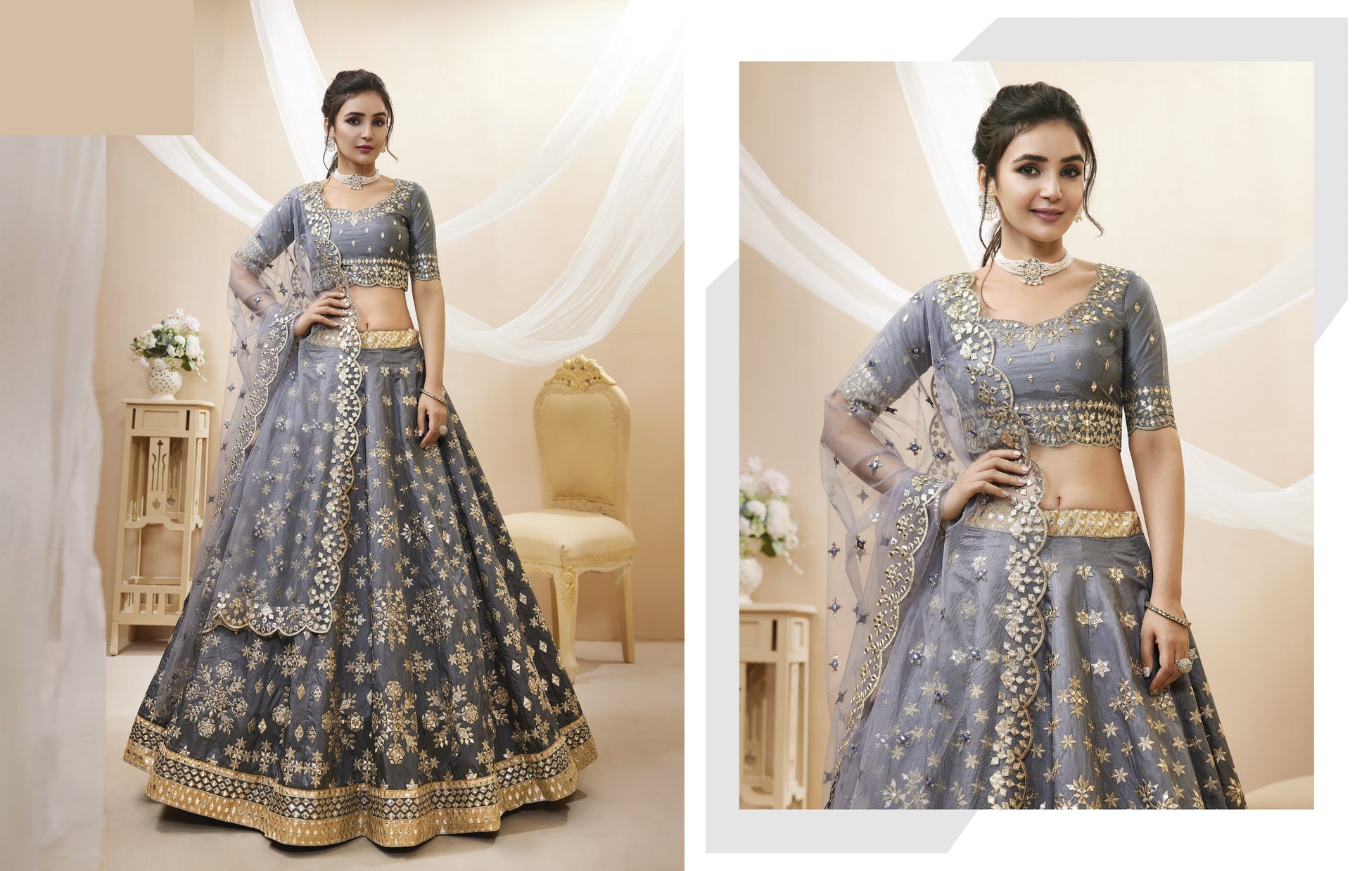 modern bridal lehenga in grey tone with sheen