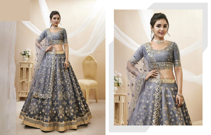 modern bridal lehenga in grey tone with sheen