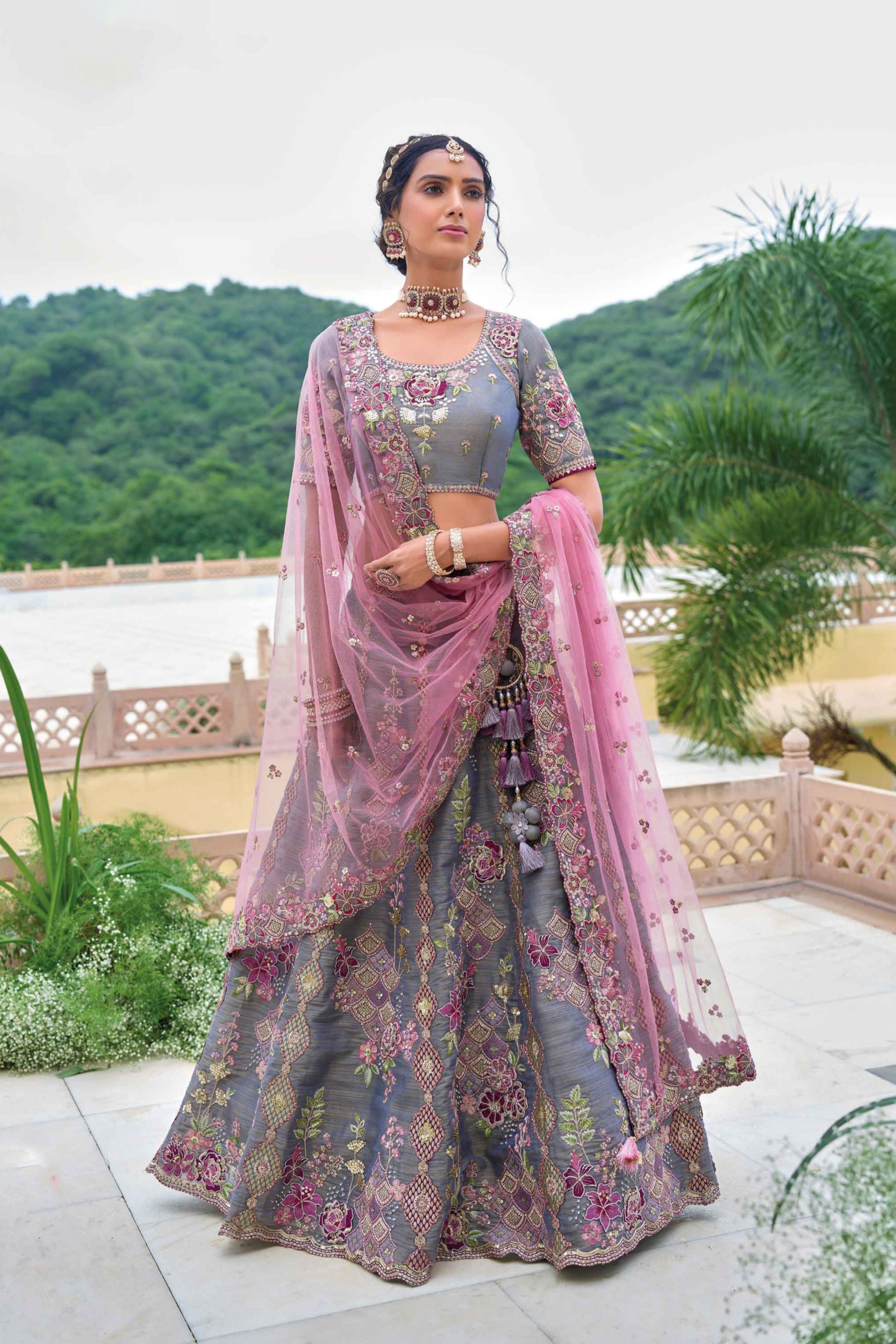 grey lehenga front view with embroidered zari tissue detail