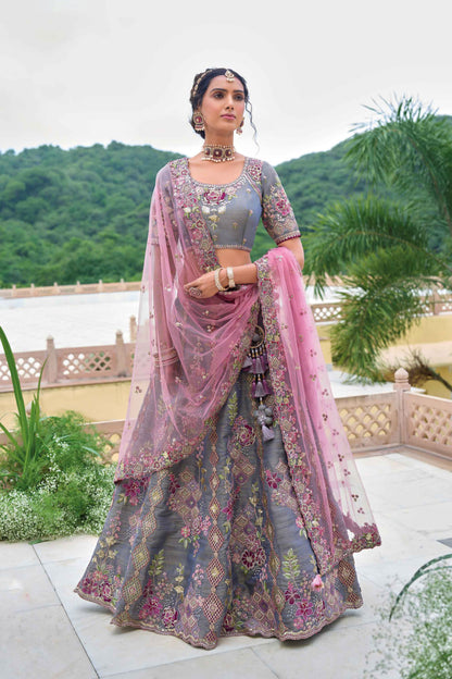 grey lehenga front view with embroidered zari tissue detail