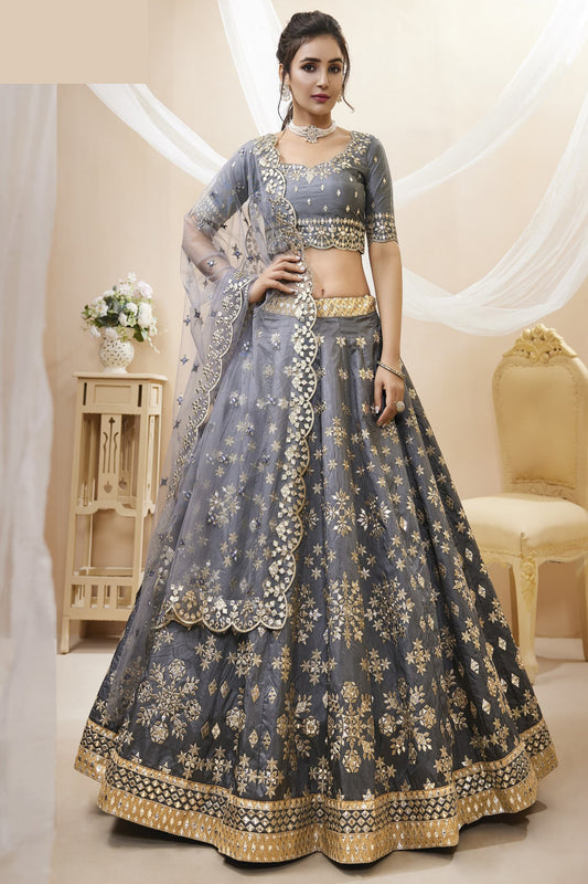 grey lehenga full front view with sequins work