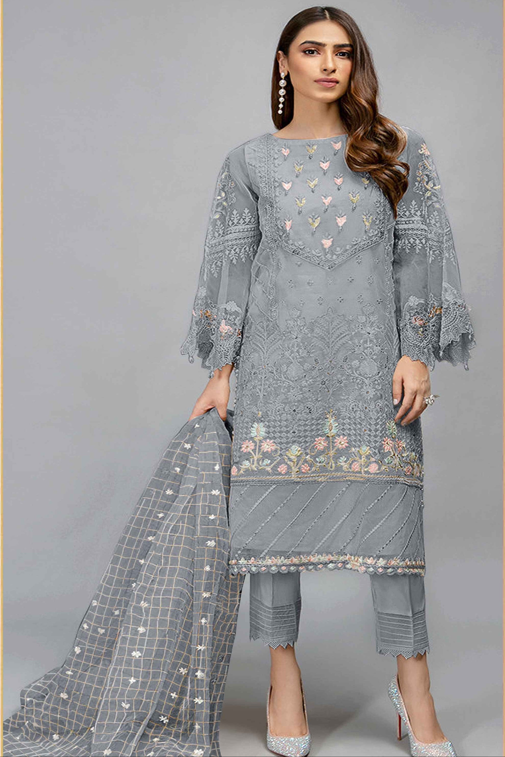 Wedding-ready grey salwar kameez elegant drape view