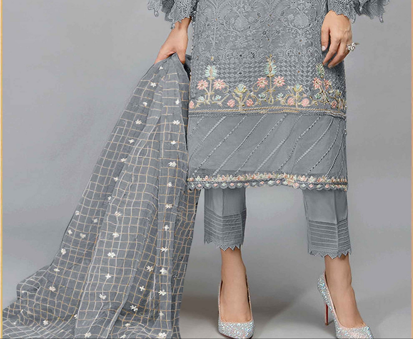 Eid shalwar kameez grey organza fabric texture close-up