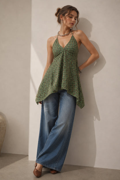 Halter Neck Top green ethnic motifs printed cotton halter design
