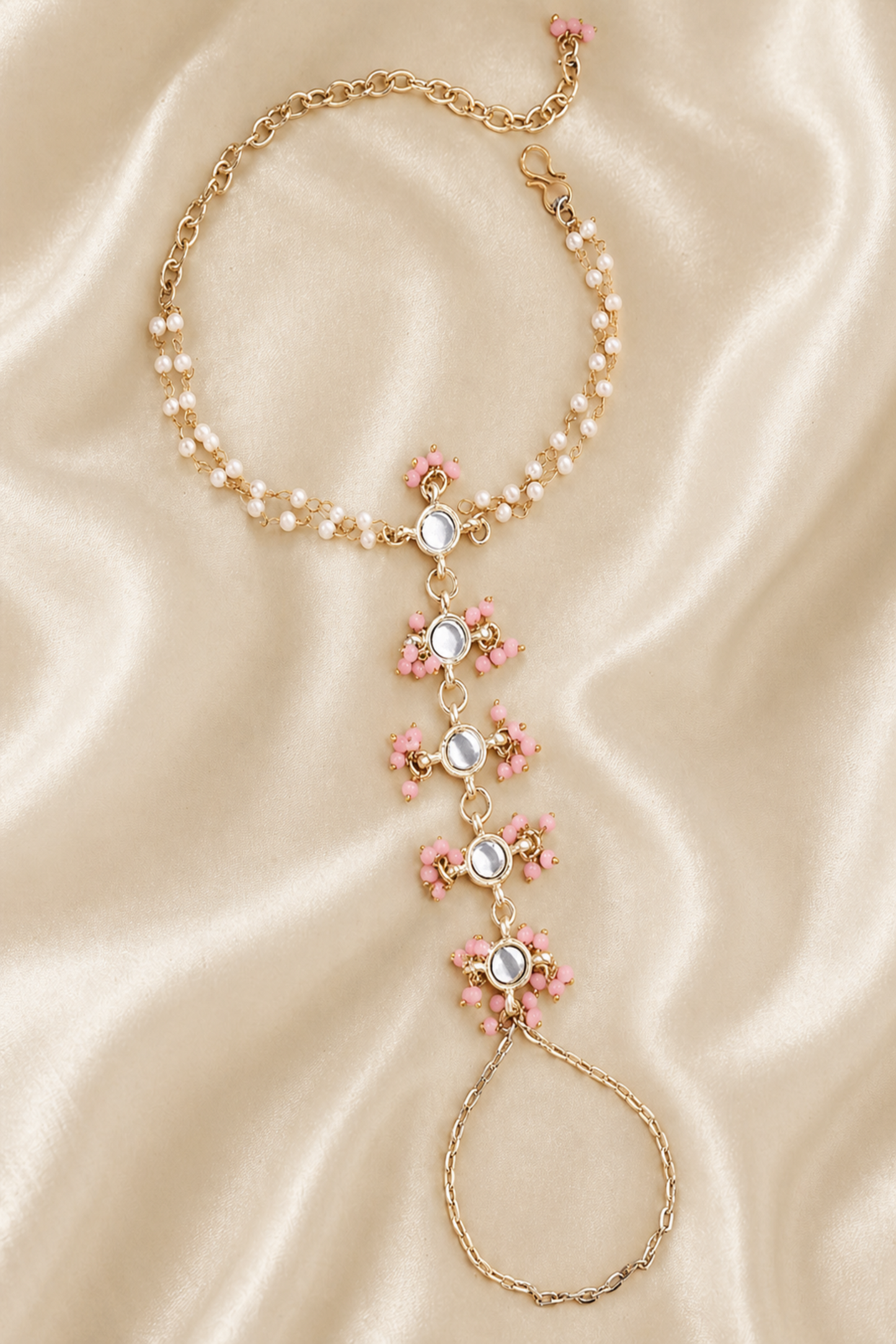 hand harness bracelet with pearl chain and pink bead clusters
