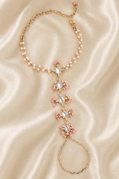 hand harness bracelet with pearl chain and pink bead clusters