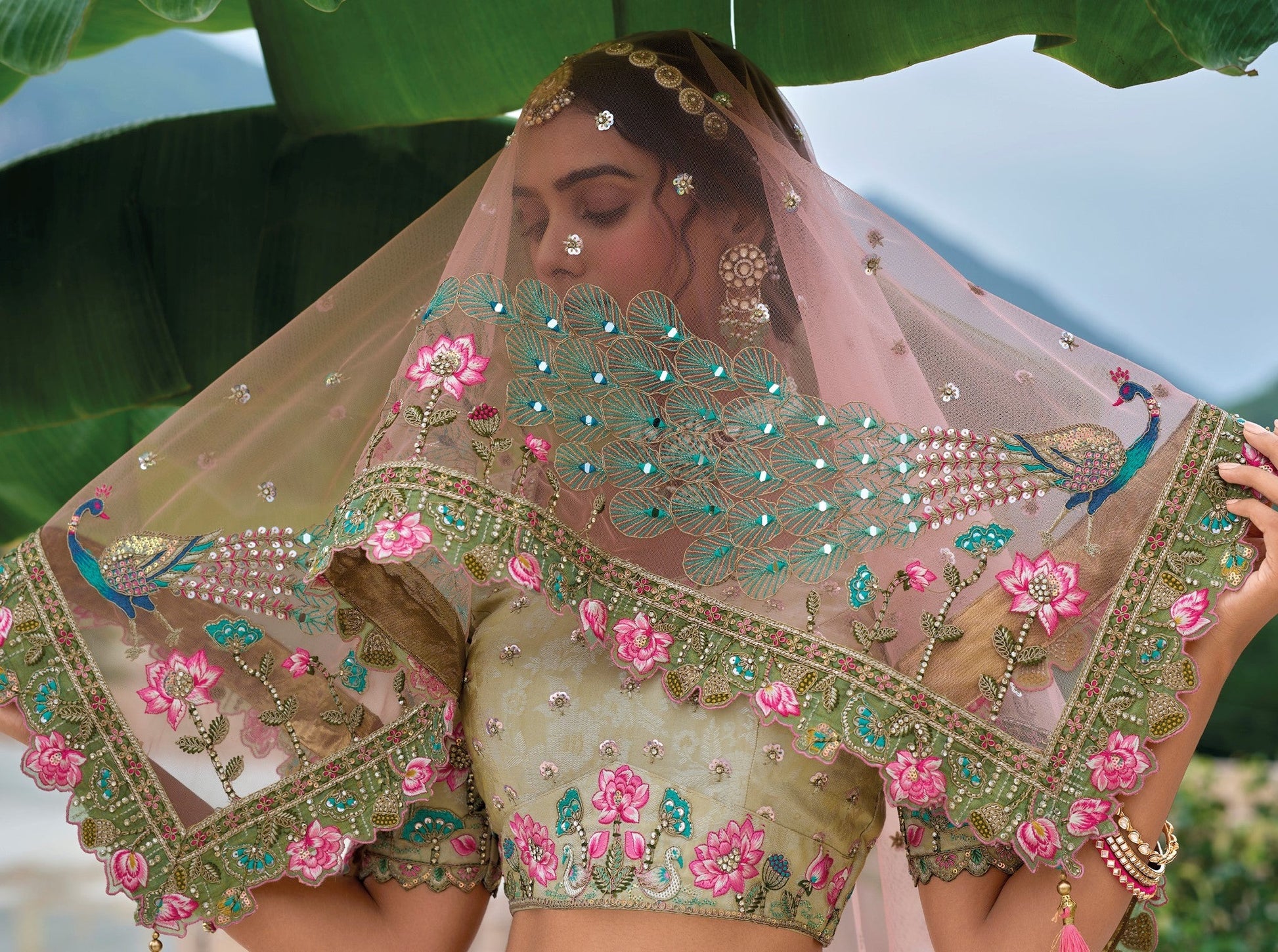 hand work detailing on lehenga skirt panel close up