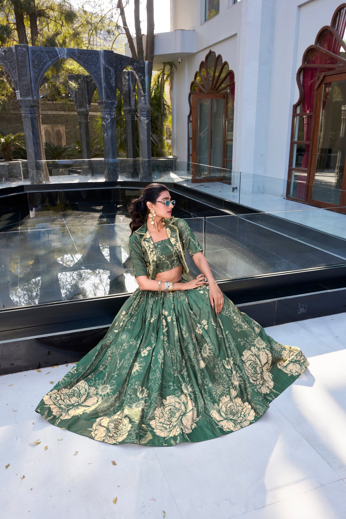 Light green wedding lehenga gown choli styled for evening event