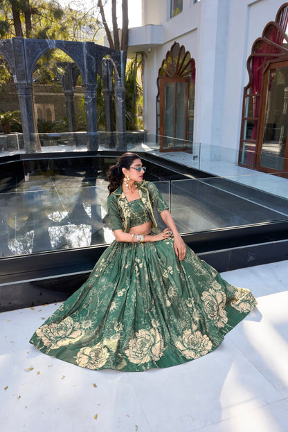 Light green wedding lehenga gown choli styled for evening event