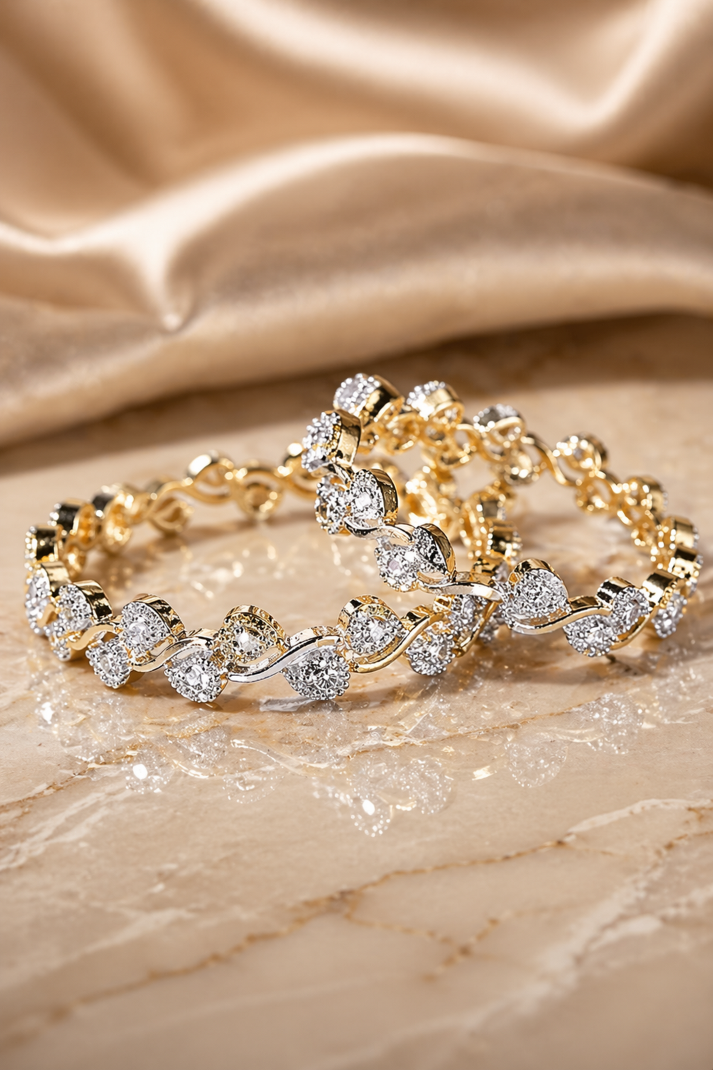 close-up of textured link bangles with clear stones