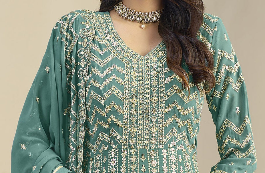 Teal green Anarkali dupatta gown front view