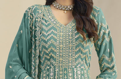 Teal green Anarkali dupatta gown front view
