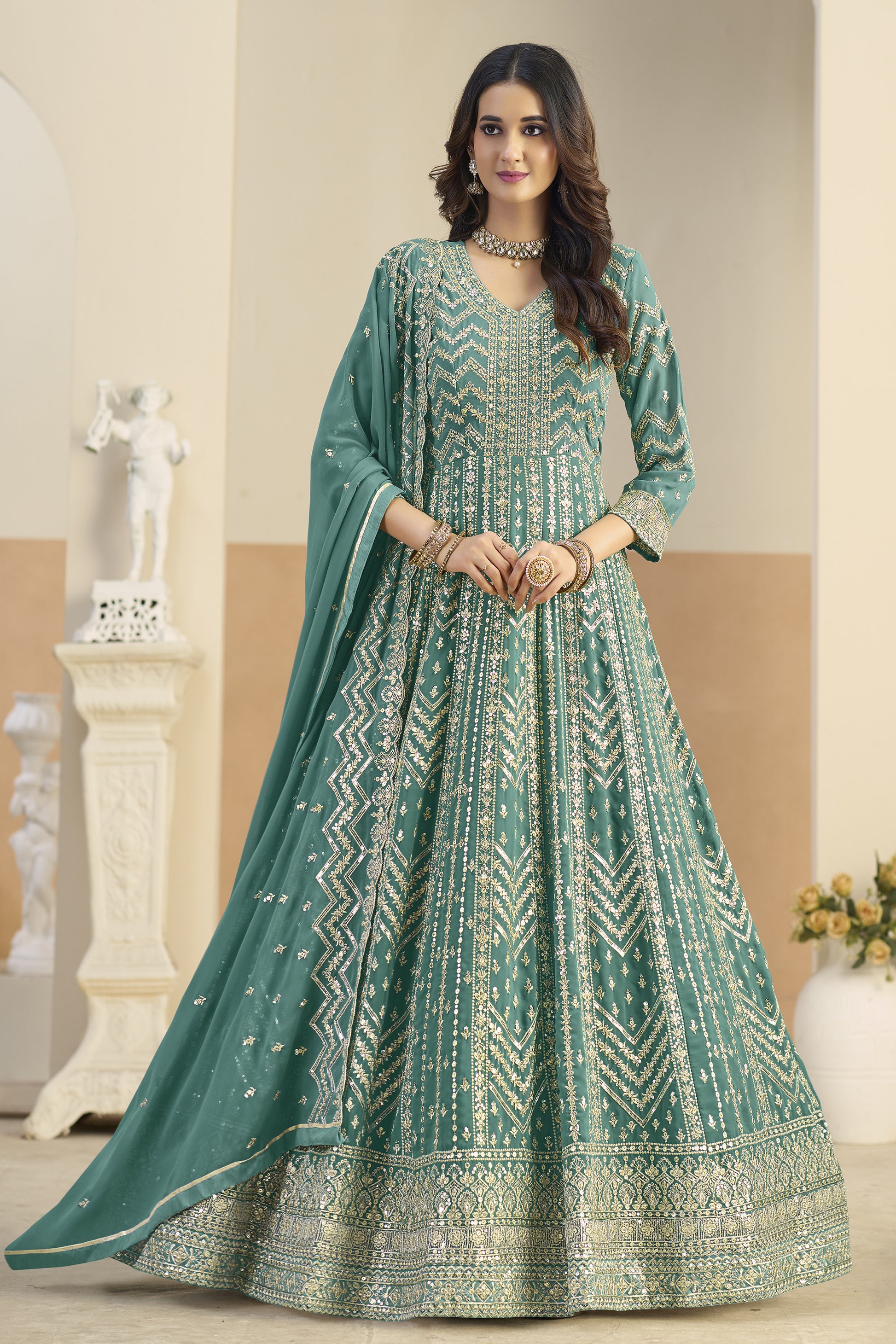 Teal green heavy anarkali dress front view