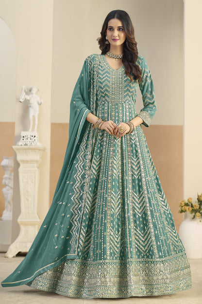 Teal green heavy anarkali dress front view