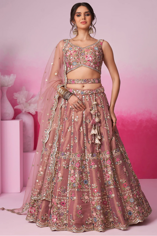 heavy Brown lehenga choli full front view with embroidery